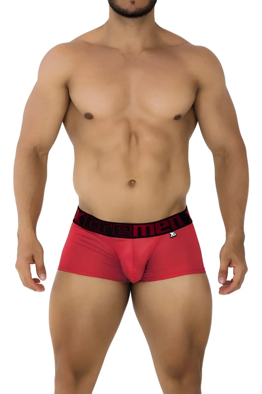 Red men’s microfiber boxer briefs with black elastic waistband featuring xtremen logo and x-shaped emblem in cherry color