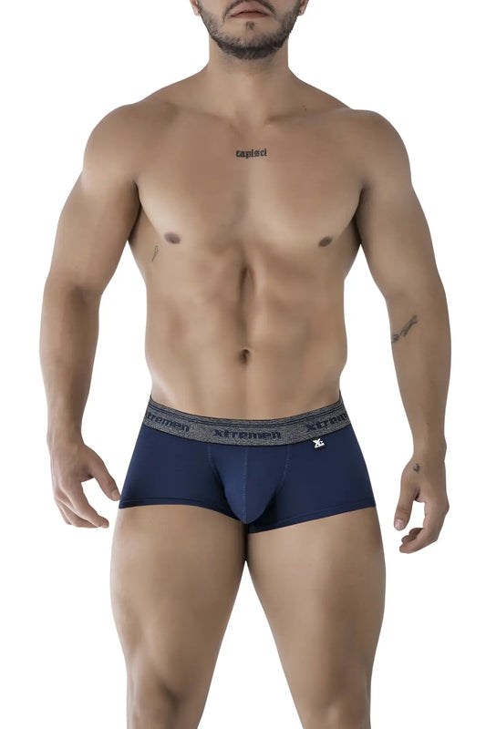 Navy blue men’s Xtremen 91205B cotton blend boxer briefs with gray elastic waistband featuring brand logo