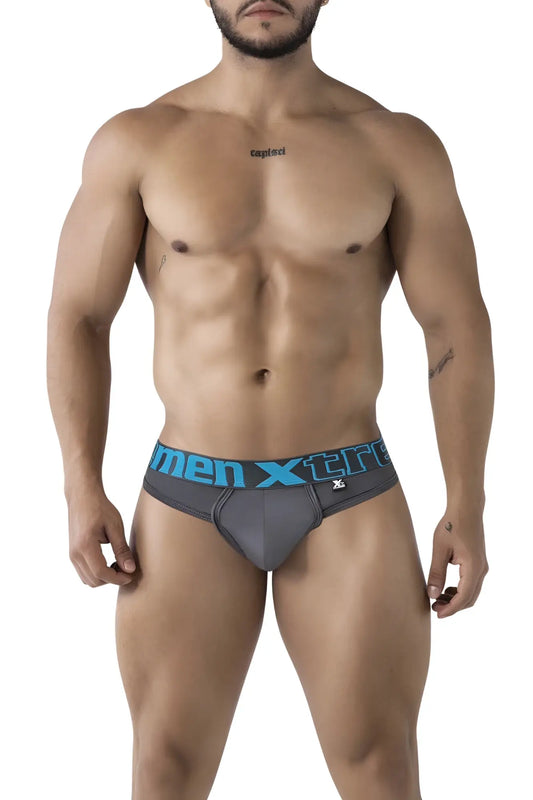 Gray xtremen 91208b microfiber men’s briefs with blue men xtre waistband and small side logo