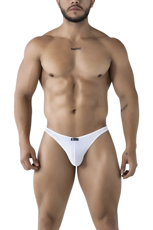 Xtremen 91215b microfiber bikini briefs in white with white polka dots textured fabric and black brand tag at waistband