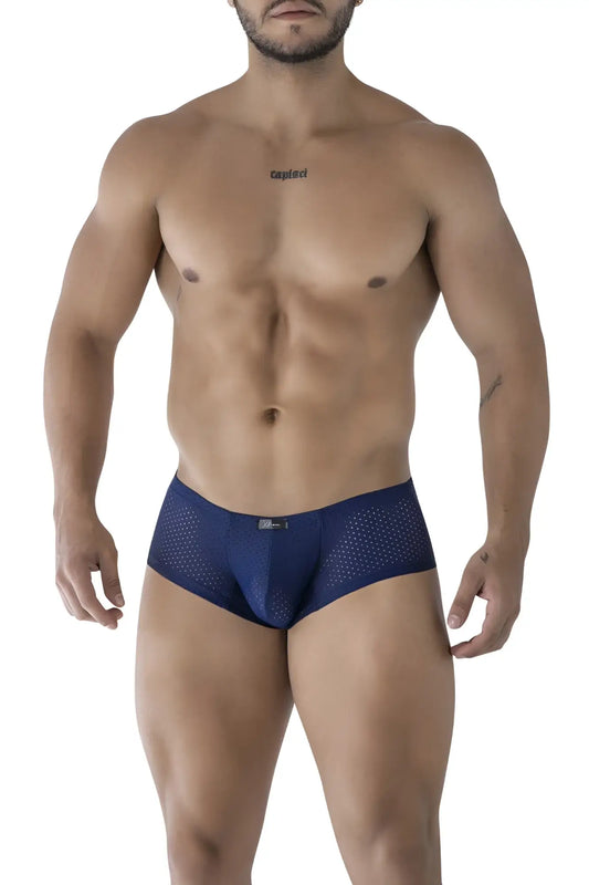 Navy blue perforated mesh men’s briefs xtremen 91216b microfiber trunks dark blue front view