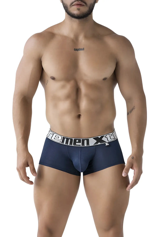 Navy xtremen 91222 microfiber trunks with white elastic waistband featuring xtreme men logo and brand emblem