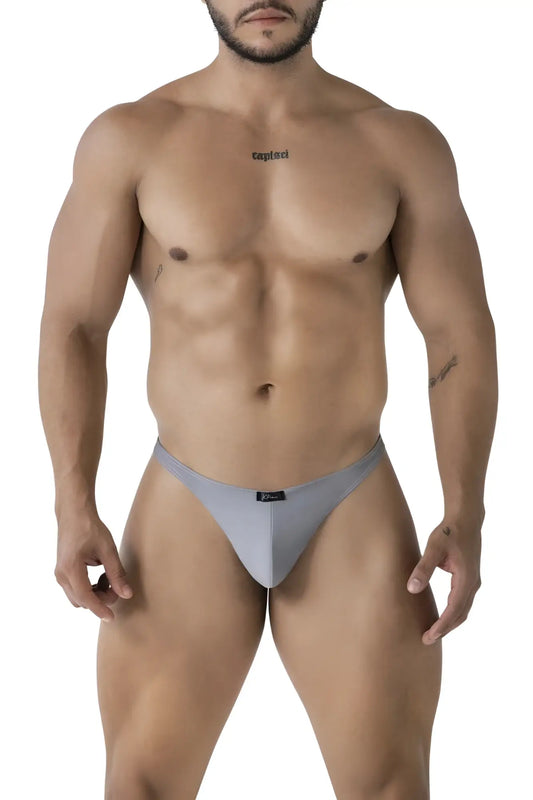 Gray Xtremen 91232 microfiber thong made of stretchy fabric with a small black logo on the waistband back side view