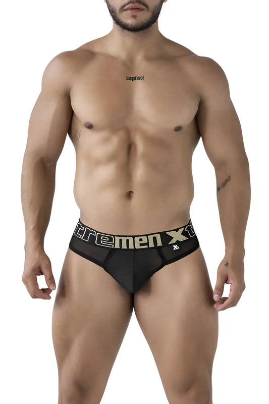 Black xtremen 91235 microfiber thongs with gold and white extremen xt logo band