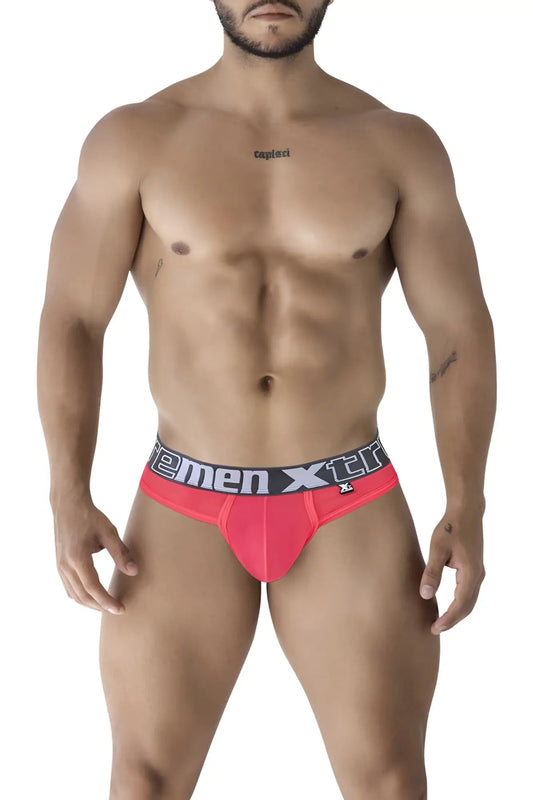 Bright pink xtremen 91235 microfiber men’s briefs with a black and white branded xtreme waistband