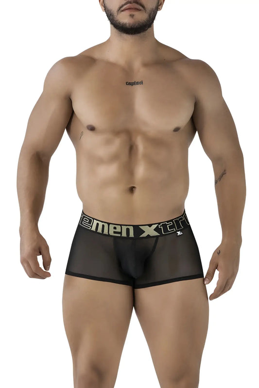 Black sheer men s boxer briefs with a black elastic waistband featuring men xtra logo in white microfiber trunks