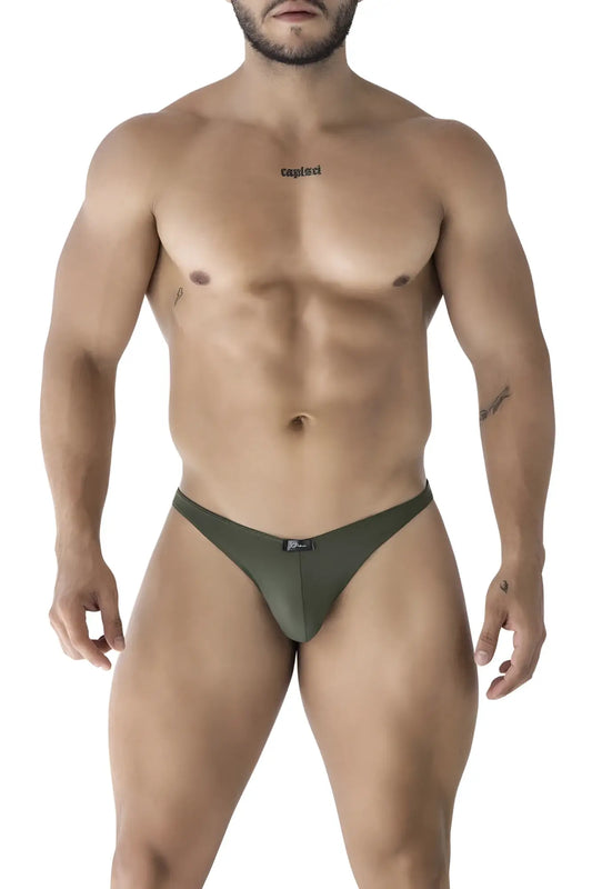 Olive green microfiber thong bikini with small black xtremen brand tag at the waistband front side