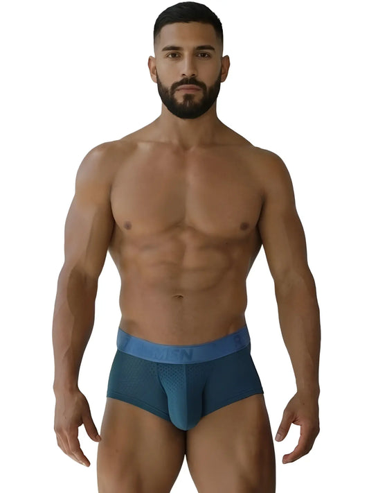 Xtremen 91252 microfiber mesh blue men’s briefs with matching elastic waistband in petrol color front view