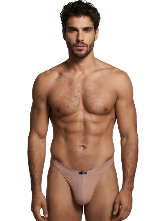 Xtremen taupe bikini brief with a smooth, matte fabric finish and a centered brand logo tag.