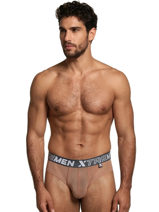 Xtremen tan bikini brief in sheer, lightweight fabric with a branded gray elastic waistband and form-fitting pouch.