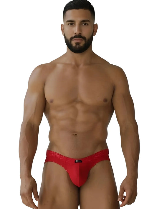 Red xtremen 91270 microfiber mesh briefs with sleek design and small black logo on front form-fitting men’s underwear