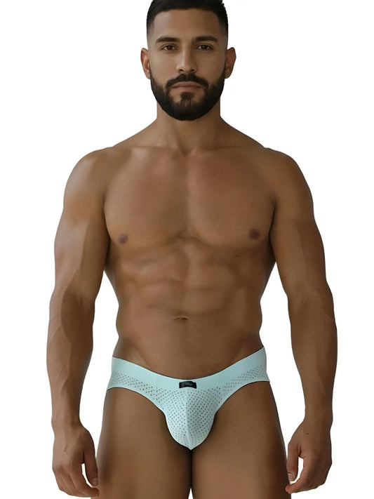 Xtremen 91270 microfiber mesh briefs in seawater blue with subtle pattern and small black brand tag on waistband