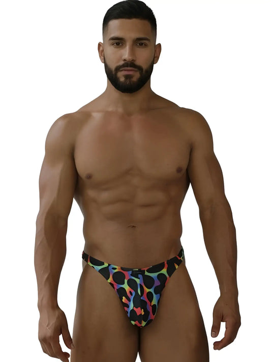 Men’s xtremen 91284 printed microfiber thong in colorful leopard print on black fabric with vibrant mushroom tones
