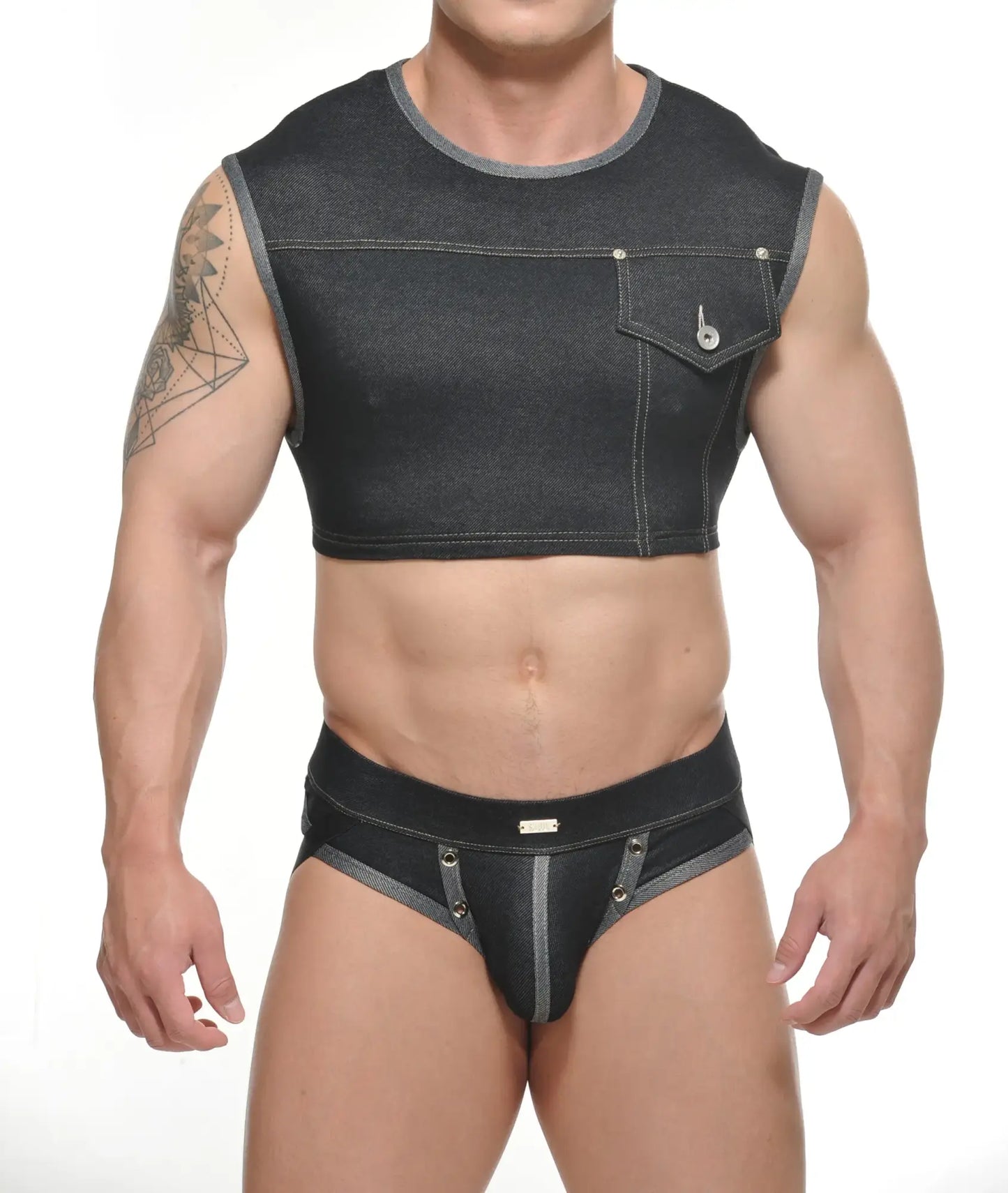 Black denim yannick muscle top crop with front pocket and matching briefs with silver toned hardware