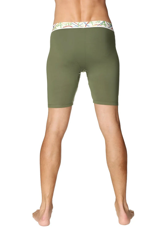 Olive green yoga compression shorts with colorful patterned waistband designed for support and flexibility