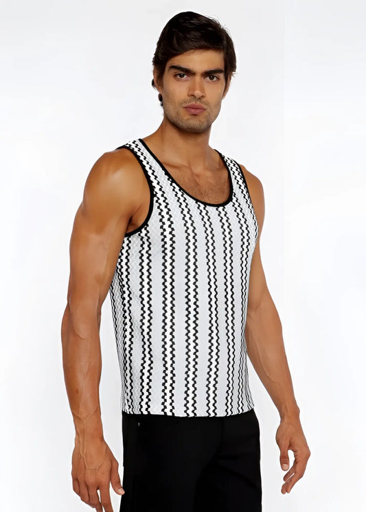 Black and white sleeveless open knit tank top with zigzag stripes and rounded neckline for casual wear
