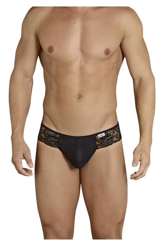 CandyMan 99392 thongs in black featuring black lace trim sheer mesh front and embroidered floral waistband