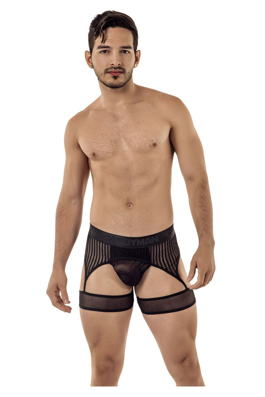 Black mesh CandyMan 99403 stripes garterbelt thong with sheer striped panels and adjustable leg straps front view
