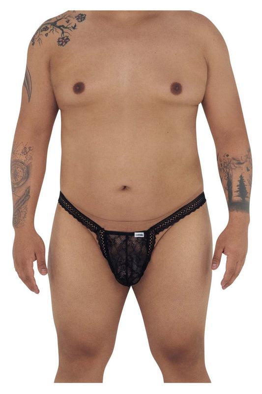 Black lace thong candy man 99420x with delicate intricate pattern and small white brand tag at the front