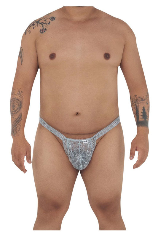 Silver gray CandyMan 99420X double lace thong with intricate pattern and adjustable waistband shown from the back side