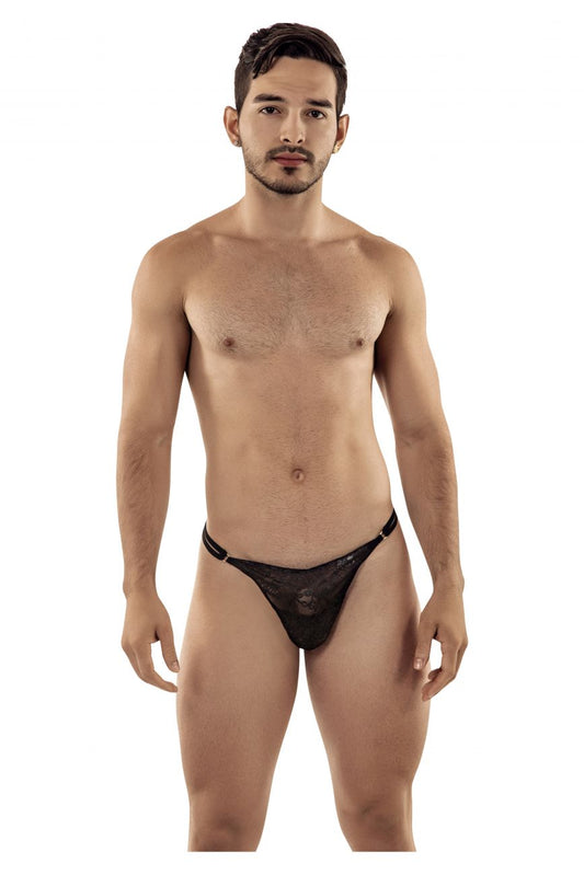 Black CandyMan 99421 lace g-string thong with subtle pattern and thin elastic waistband shown from the back