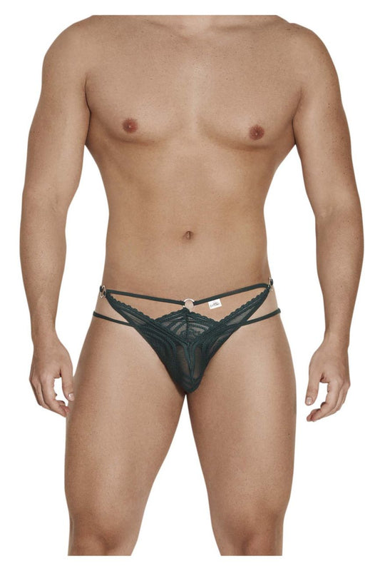 Black lace thong candyMan 99547 color hunter green with central circular clasp and decorative straps in front view