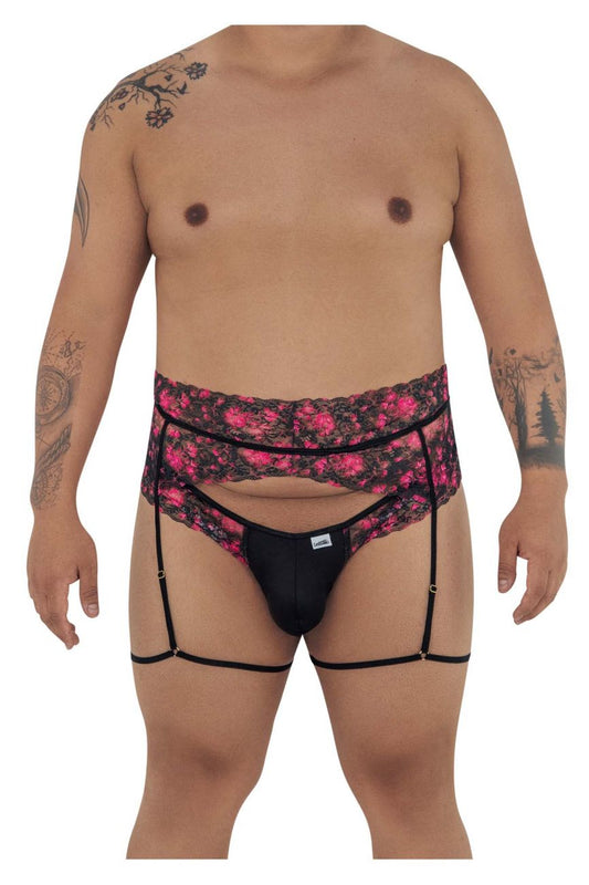 CandyMan 99576X black lace garter belt with pink floral print and adjustable straps for lingerie use