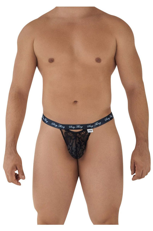 Black lace thong with branded waistband in candyMan 99594 sexy thing lace thongs color black showing back side