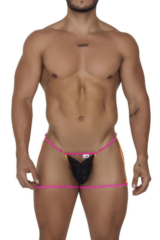 Black lace thong with vibrant pink and gold trim from candyman 99678 garter thongs in neon black color