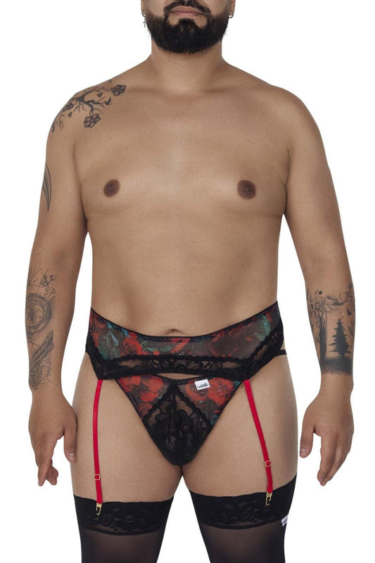 CandyMan 99688X black lace garter belt with red suspenders and floral pattern for lingerie two piece set