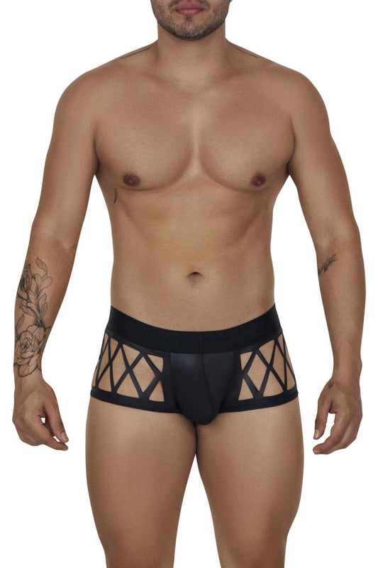 Black lace-trimmed candyMan 99691 cage trunks briefs with geometric cutout pattern in black color