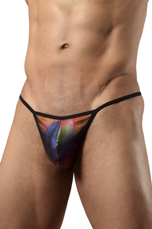 Black mesh Doreanse 1300-PHX disco thong with vibrant rainbow gradient color phoenix pattern