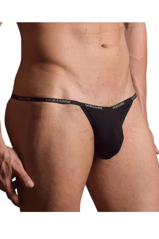 Black doreanse 1330-BLK ribbed modal t-thong with narrow waistband and white brand name lettering visible on the back