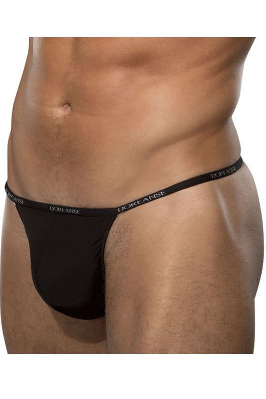 Black doreanse 1390-BLK aire thong with narrow waistband and white brand name lettering in black fabric