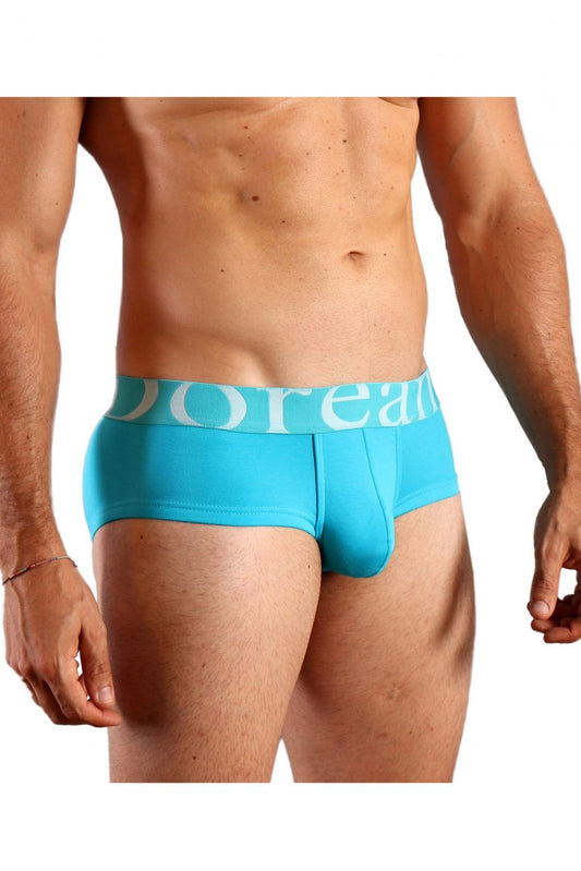 Turquoise blue men’s pouch mini trunk briefs with white doreanse logo band for comfortable support