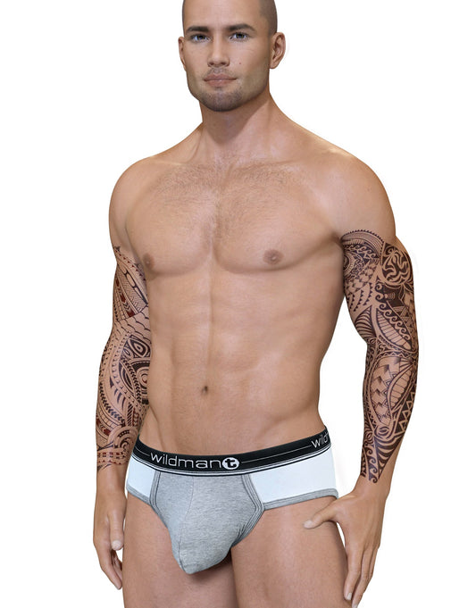 Duo Big Boy Pouch Brief black featuring gray and white athletic briefs with a black waistband and Wildman logo