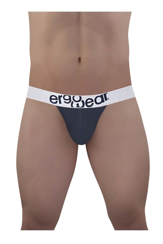 Dark gray ergonomic brief with white ergogear logo waistband made from cotton in ergoWear ew1470 max thongs navy blue