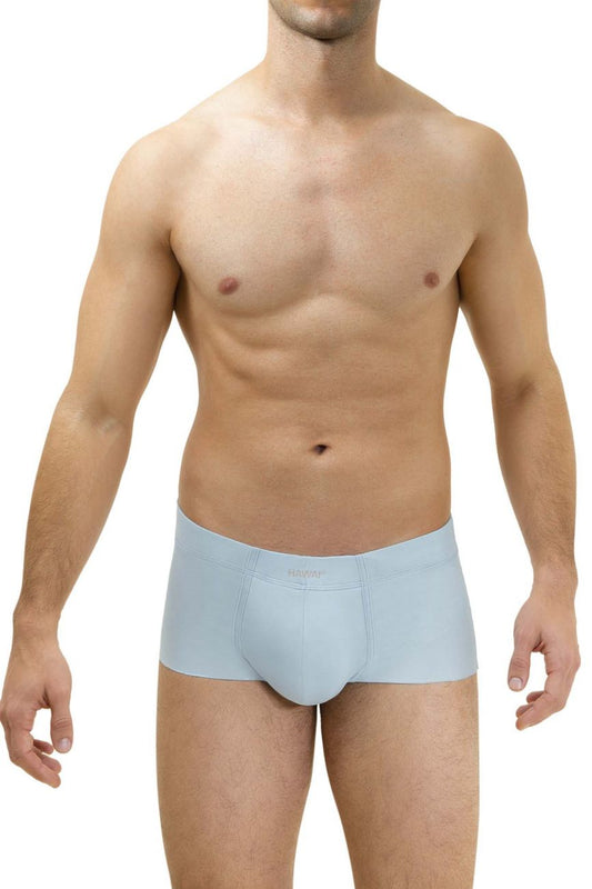 Light blue microfiber trunks with smooth texture and subtle brand logo on waistband from hawai 42142 collection