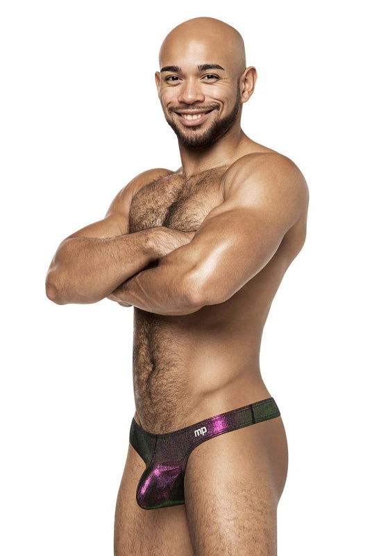 Male power 443-277 hocus pocus uplift bong thong in purple metallic briefs with a shimmering iridescent finish