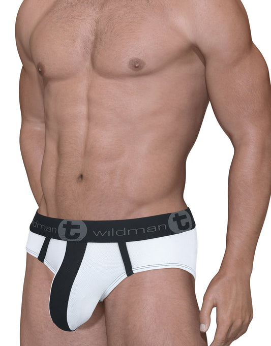 Mesh big boy pouch brief in white and black with bold stripe and wildman logo on elastic waistband