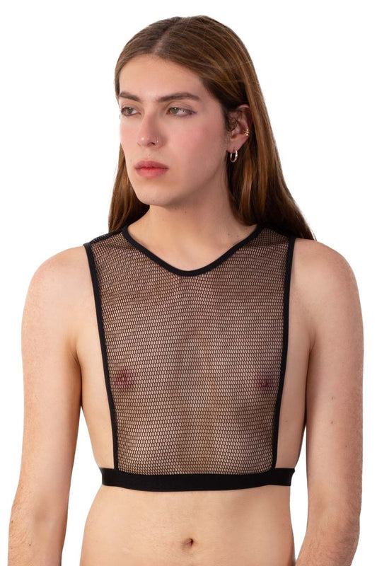 Black mesh crop top plural pl007 with round neckline and elasticated waistband for stylish casual wear