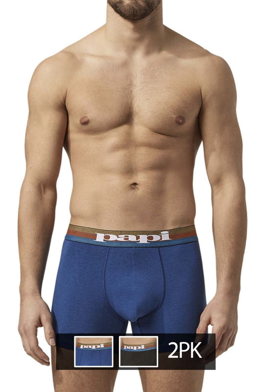 Blue papi microflex brazilian boxer briefs in blue and black with striped waistband showing front view