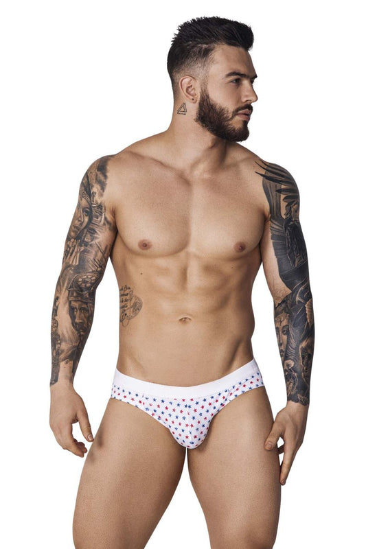 White pikante pik 1072 blaze briefs with small red and blue star pattern in soft breathable fabric