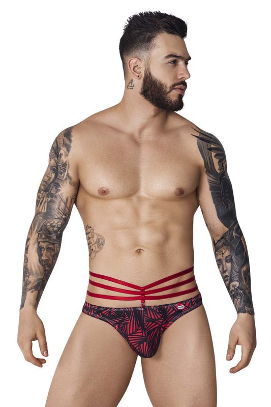 Red and black patterned briefs with three horizontal red straps on the waistband from pikante PIK 1081 Fiery Thongs