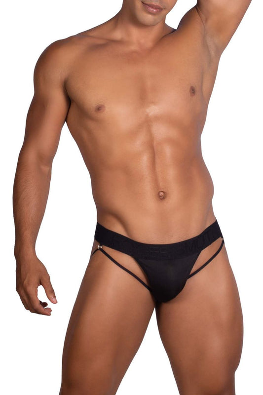 Black roger smuth rs077 thongs men’s briefs with sleek minimalist design and thin side straps front view