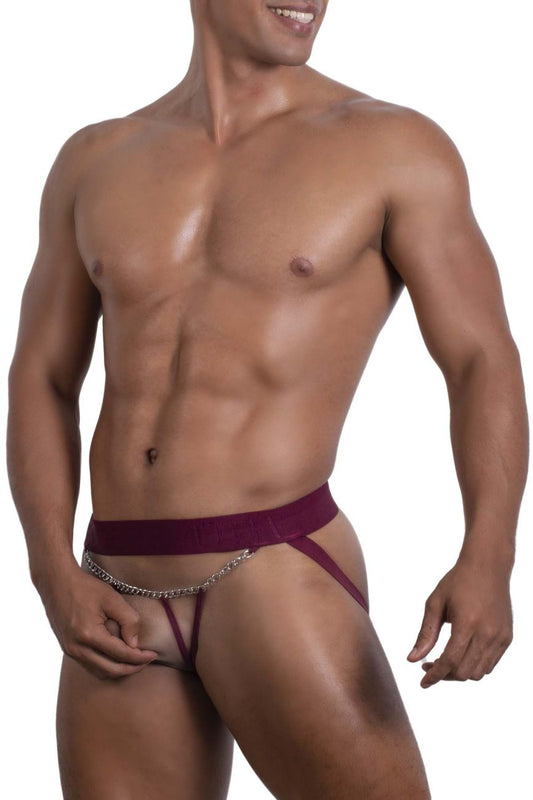 Maroon and gold chain-detail thong with wide waistband by roger smuth in burgundy shown from the back side