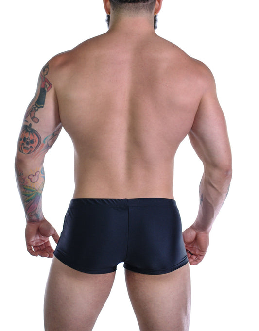 Sportivo square cut black and purple swim trunks with form-fitting smooth stretchy material for active use