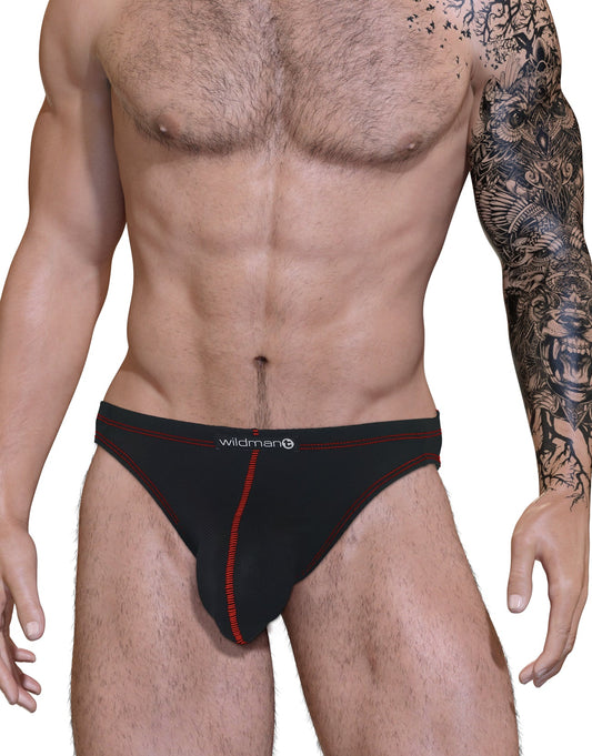 Black briefs with red stitching and wildman logo on waistband from stitch big boy pouch jock strap red collection