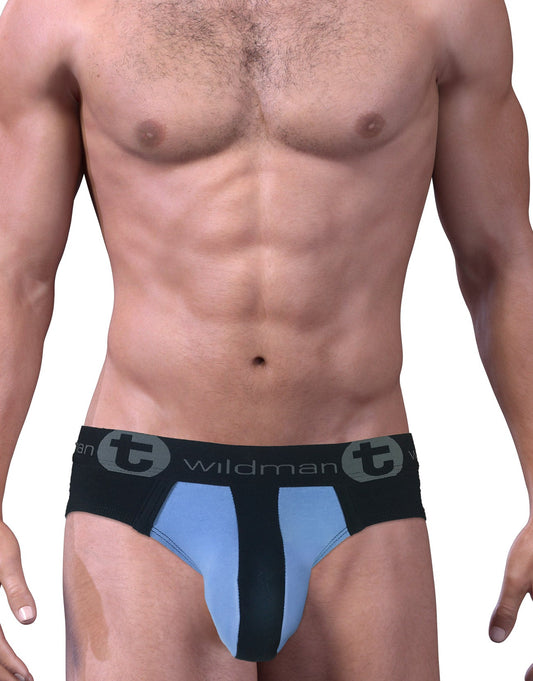 Black and light blue stretch cotton big boy pouch brief with wildman logo waistband in a bold modern design