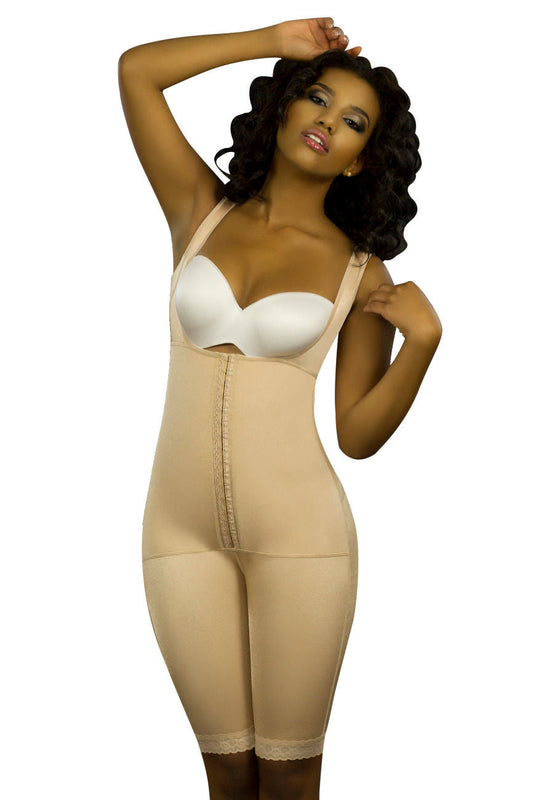 Vedette 350 Marcelle high back full body shaper in nude with beige bodysuit, white bra insert, and lace trim hem
